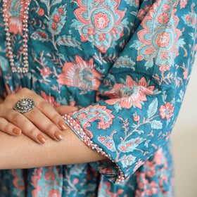 Buy Green Beadwork Flared Cotton Block Print Sanganeri Kurta