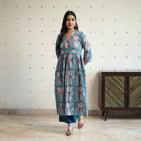 Buy Green Beadwork Flared Cotton Block Print Sanganeri Kurta