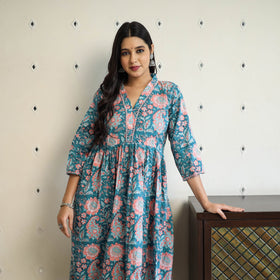 Buy Green Beadwork Flared Cotton Block Print Sanganeri Kurta