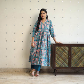 Buy Green Beadwork Flared Cotton Block Print Sanganeri Kurta