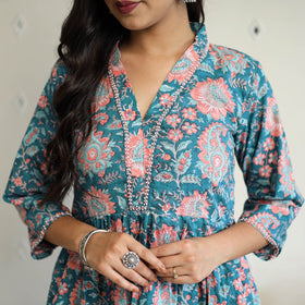 Buy Green Beadwork Flared Cotton Block Print Sanganeri Kurta