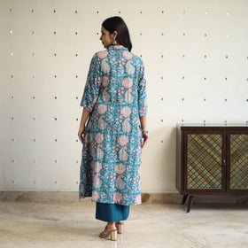 Buy Green Beadwork Flared Cotton Block Print Sanganeri Kurta