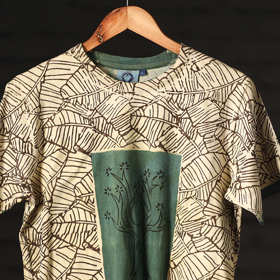 Green - Beige - Bindaas Natural Dyed Art Block Print Round Neck T-shirt in Pure Cotton