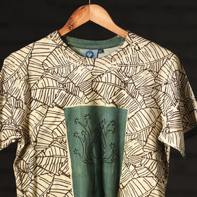 Green - Beige - Bindaas Natural Dyed Art Block Print Round Neck T-shirt in Pure Cotton