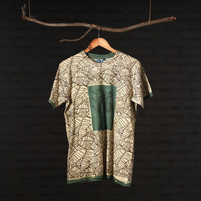 Green - Beige - Bindaas Natural Dyed Art Block Print Round Neck T-shirt in Pure Cotton