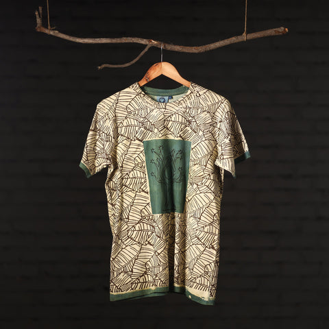 Green - Beige - Bindaas Natural Dyed Art Block Print Round Neck T-shirt in Pure Cotton