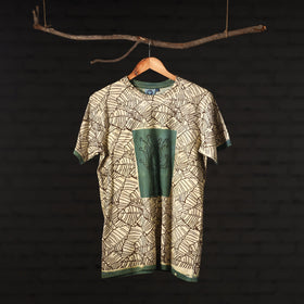 Green - Beige - Bindaas Natural Dyed Art Block Print Round Neck T-shirt in Pure Cotton