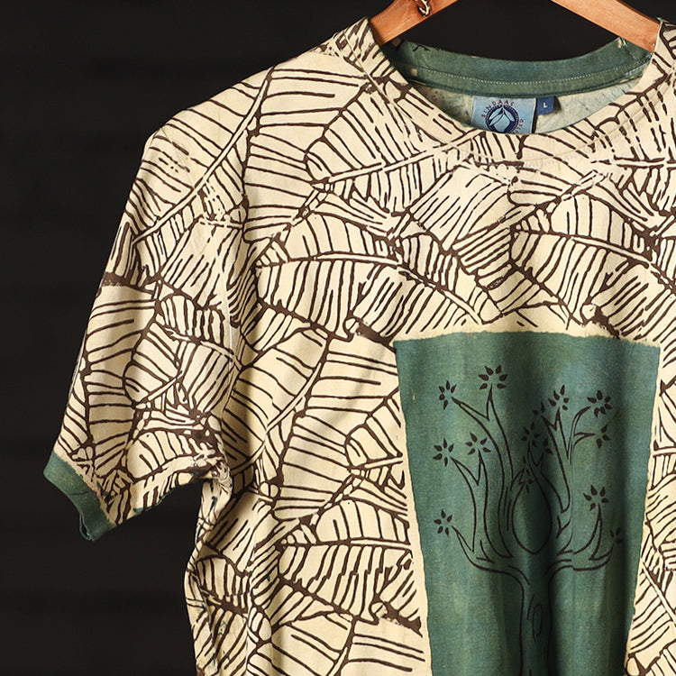 Green - Beige - Bindaas Natural Dyed Art Block Print Round Neck T-shirt in Pure Cotton