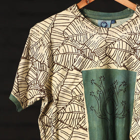 Green - Beige - Bindaas Natural Dyed Art Block Print Round Neck T-shirt in Pure Cotton