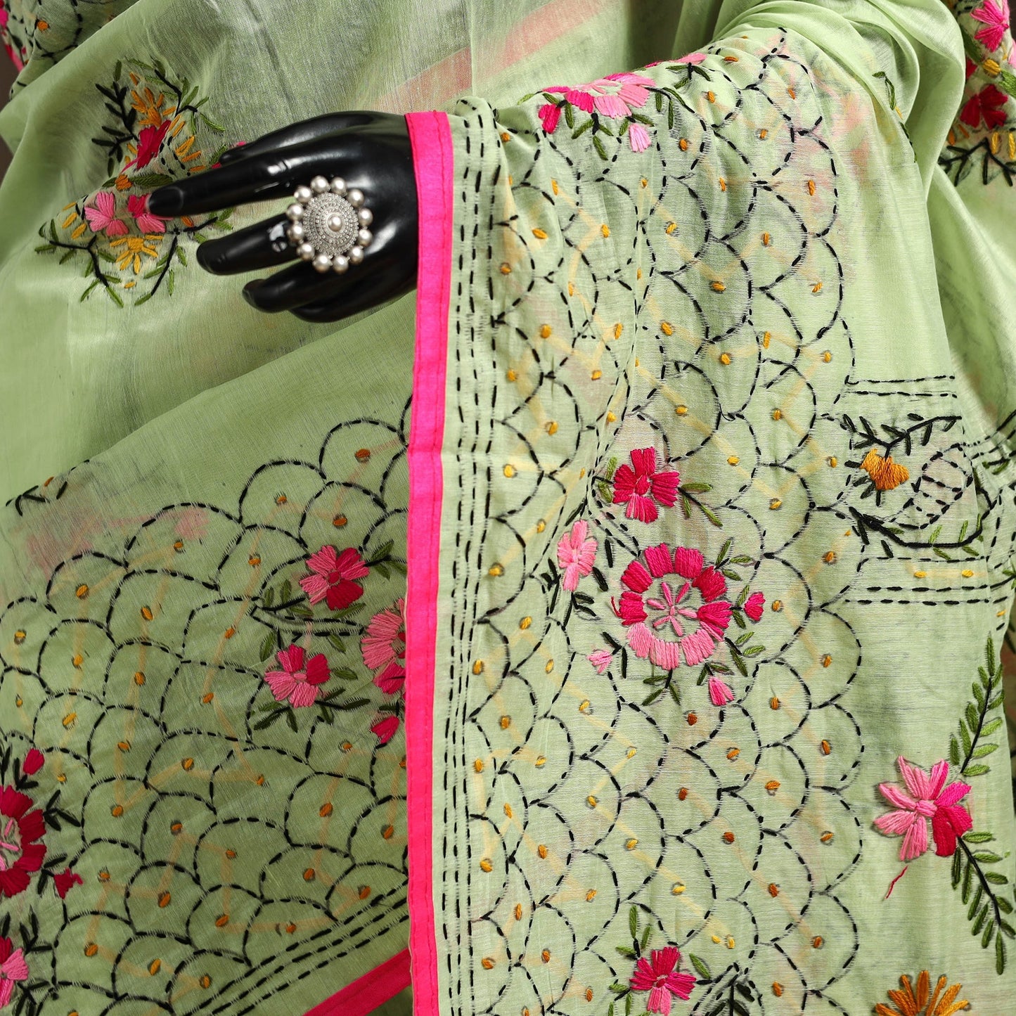 Bengal chanderi silk hand embroidered saree 10 - handcrafted