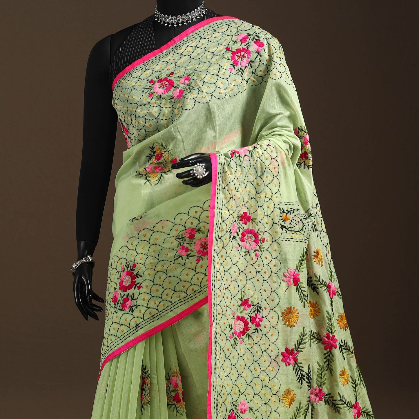 Bengal chanderi silk hand embroidered saree 10 - handcrafted