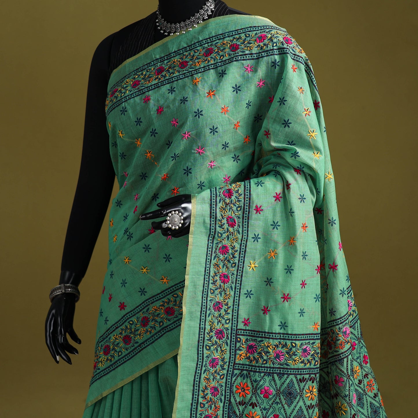 Bengal hand embroidery silk cotton chapa work kantha saree