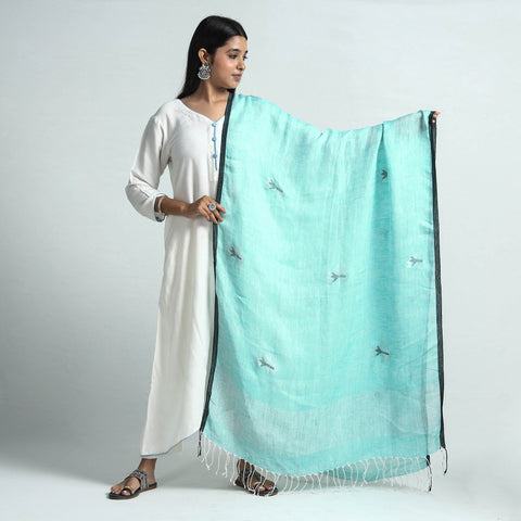  Bengal Handloom Linen Zari Buta Dupatta with Tassels 