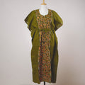 Green - Bengal Kantha Embroidery Cotton Kaftan with Tie-Up Waist (Long)