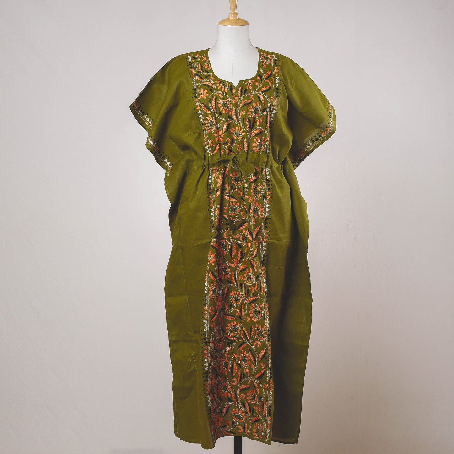 Green - Bengal Kantha Embroidery Cotton Kaftan with Tie-Up Waist (Long)