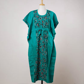 Green - Bengal Kantha Embroidery Cotton Kaftan with Tie-Up Waist (Long)