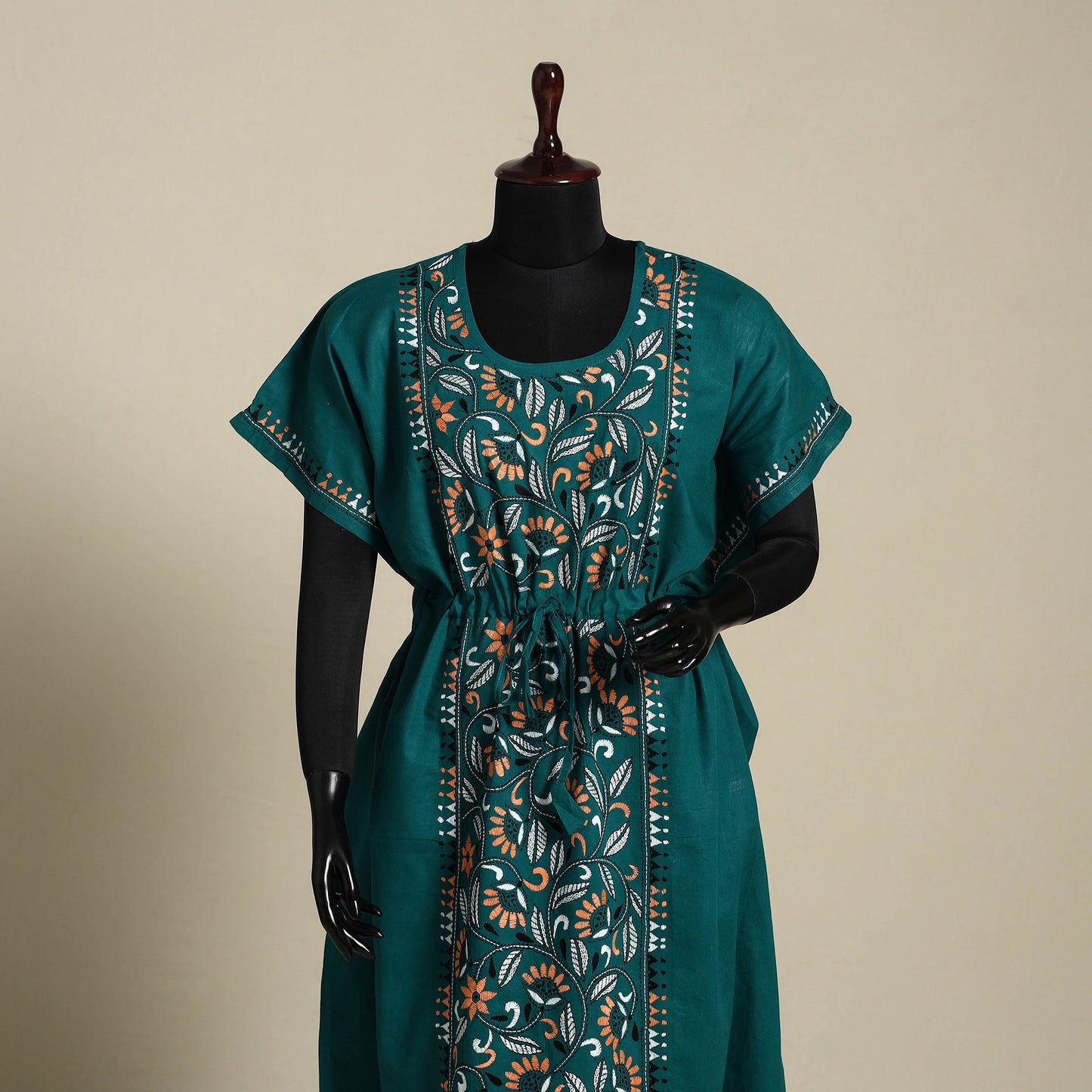 Green Bengal Kantha Hand Embroidery Cotton Kaftan (Long) 