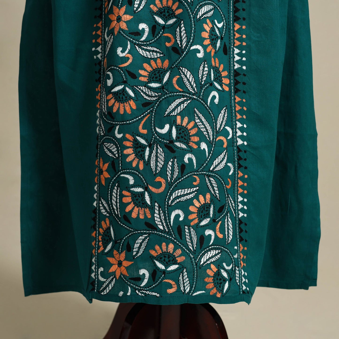 Green Bengal Kantha Hand Embroidery Cotton Kaftan (Long) 