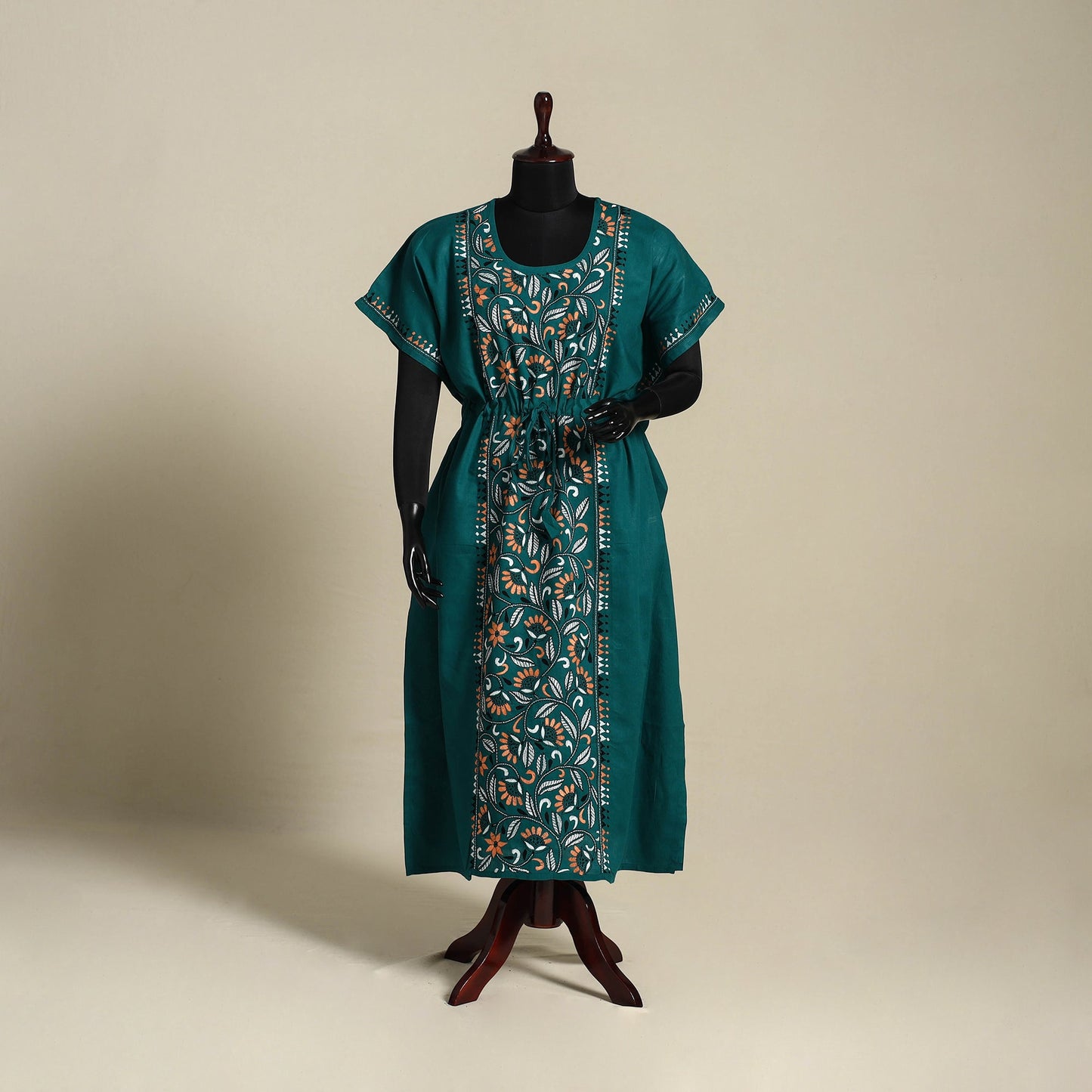 Green Bengal Kantha Hand Embroidery Cotton Kaftan (Long) 