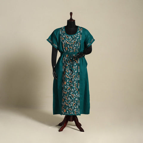 Green Bengal Kantha Hand Embroidery Cotton Kaftan (Long) 