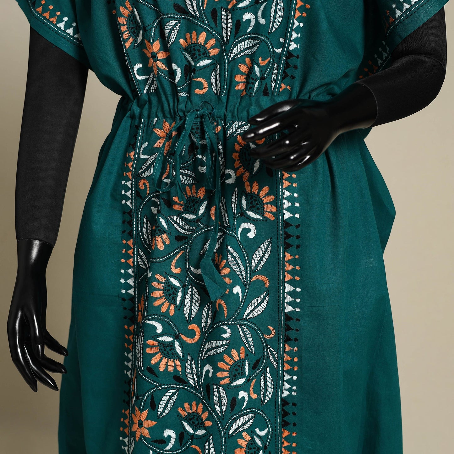 Green Bengal Kantha Hand Embroidery Cotton Kaftan (Long) 