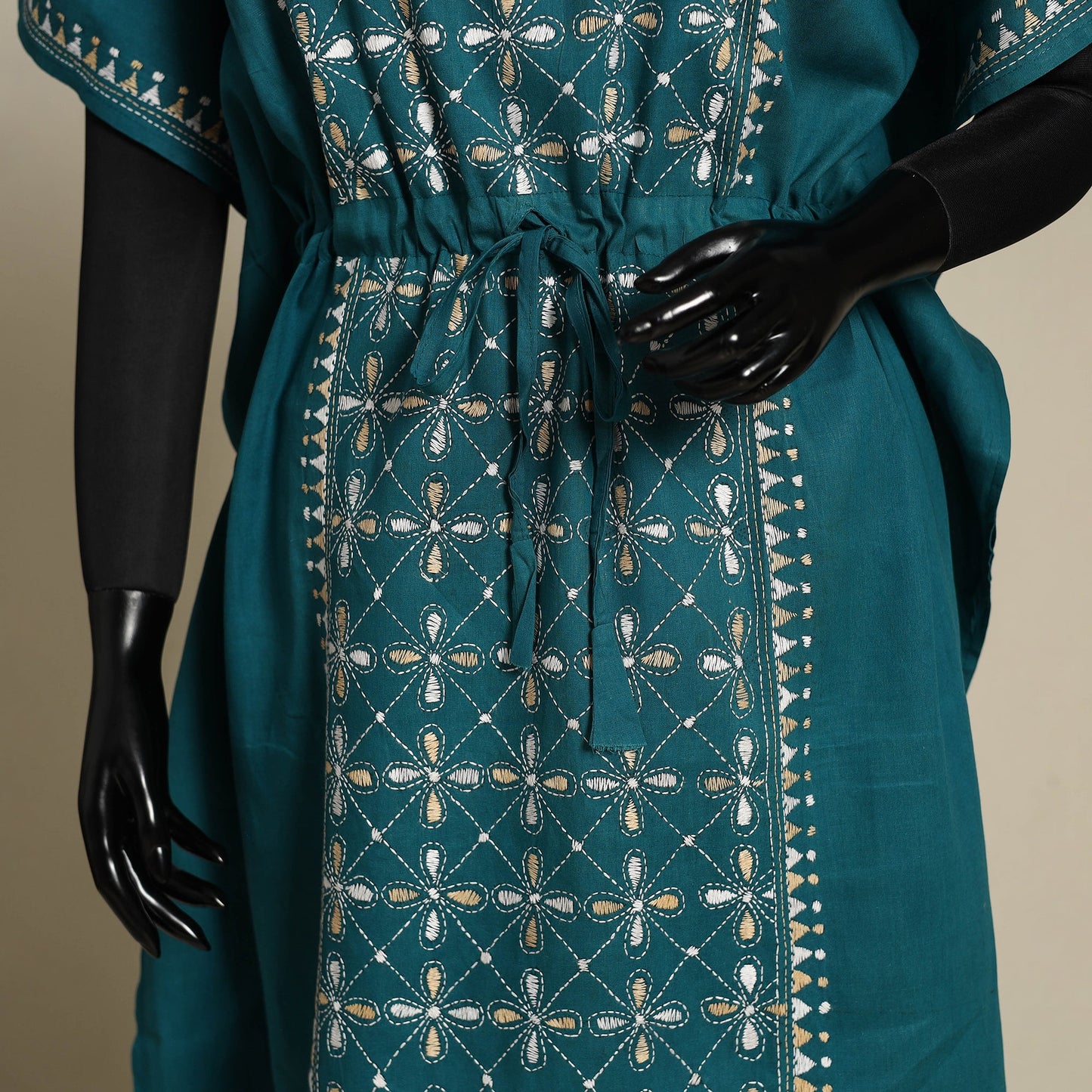 Green - bengal kantha hand embroidery cotton kaftan (long)