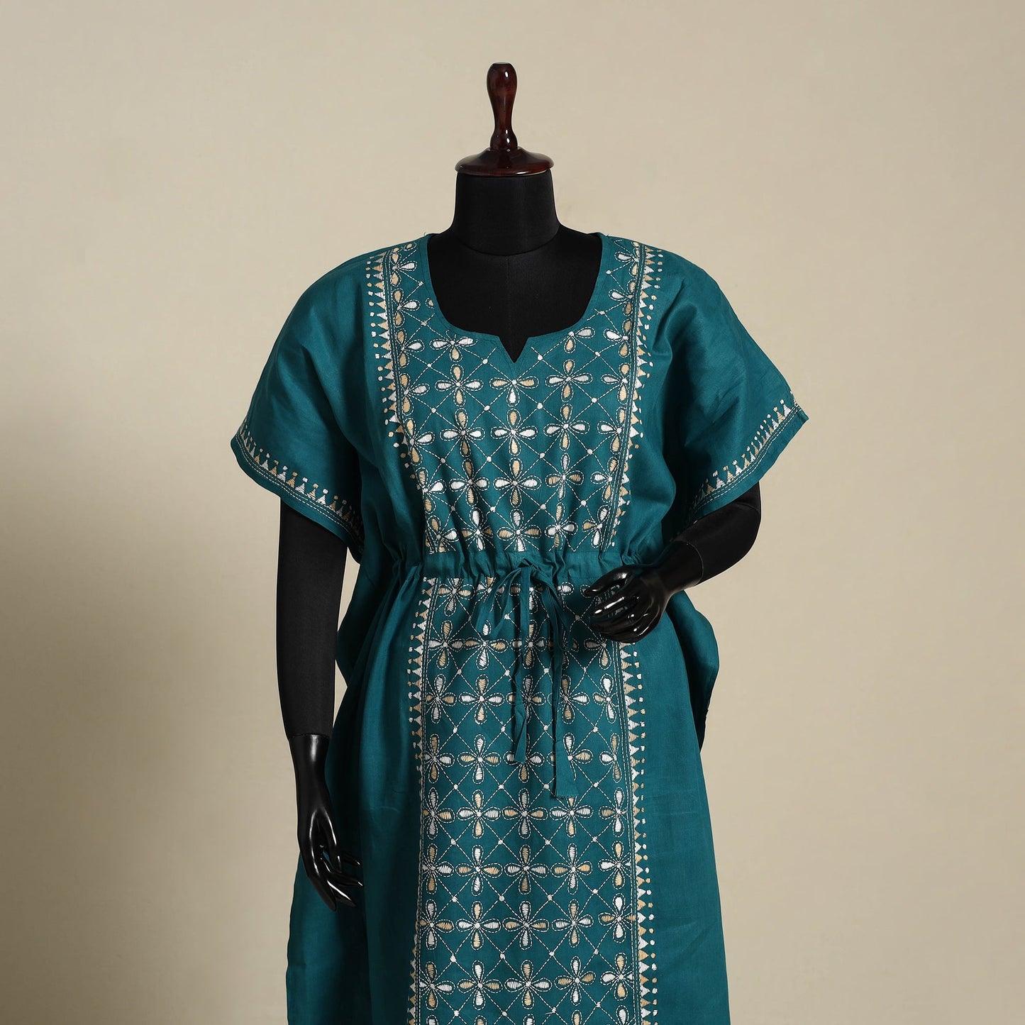 Green - bengal kantha hand embroidery cotton kaftan (long)