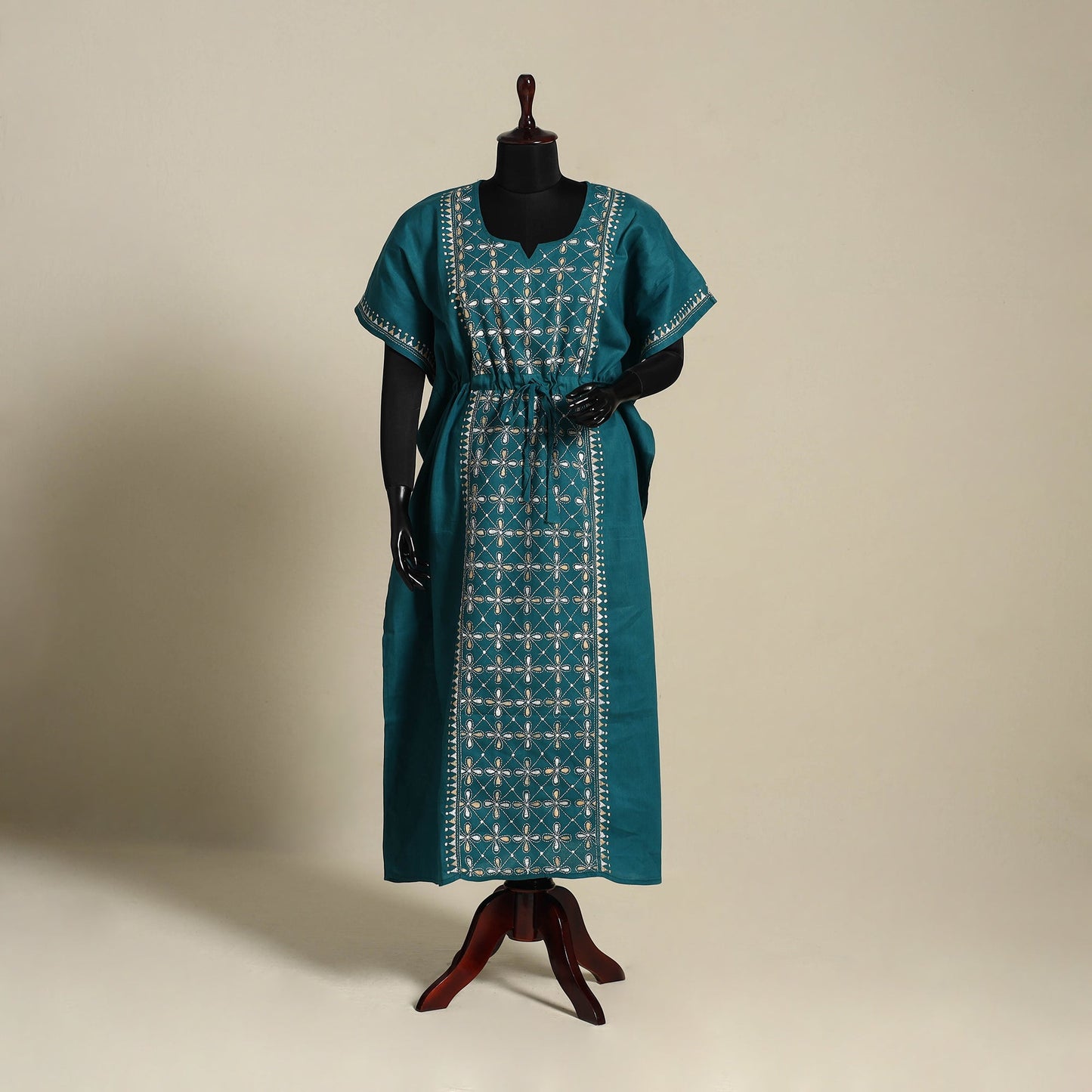 Green - bengal kantha hand embroidery cotton kaftan (long)