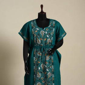 Green Bengal Kantha Hand Embroidery Cotton Kaftan (Long) 