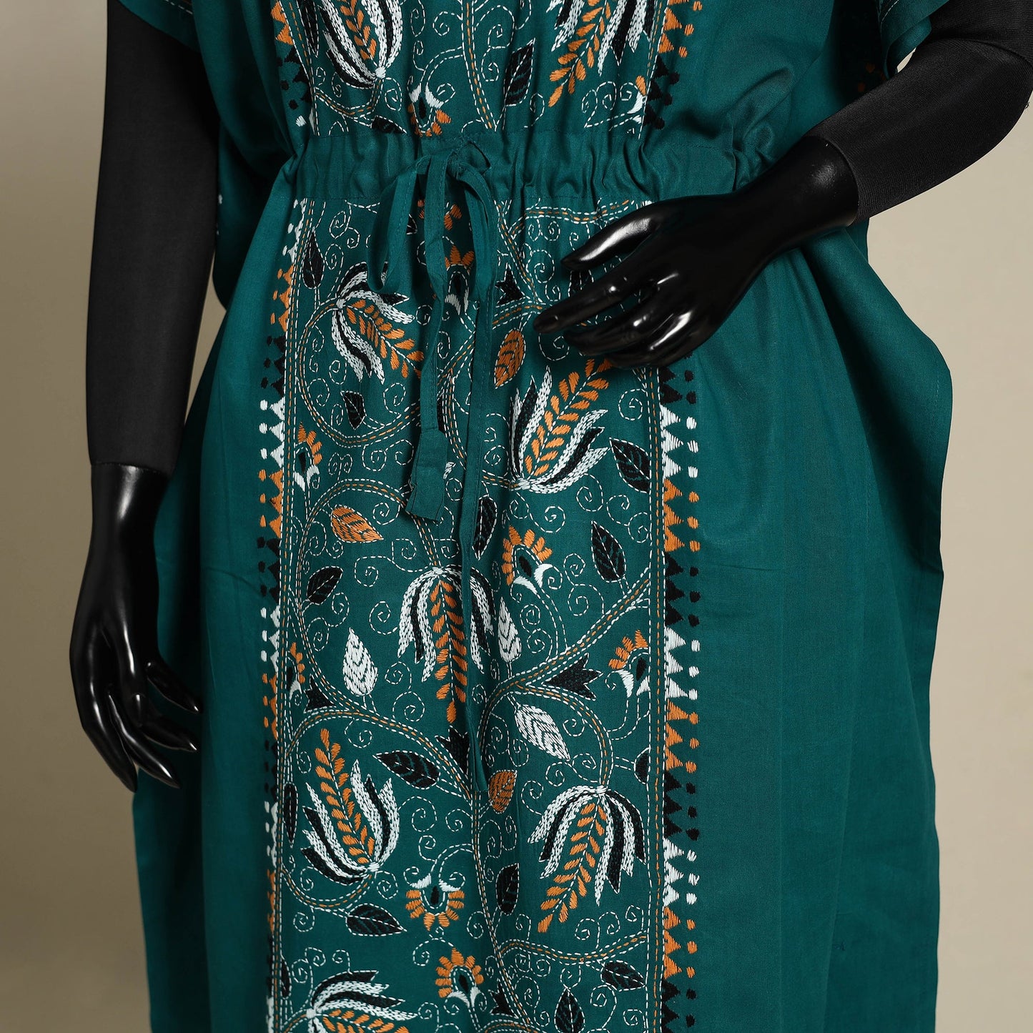 Green Bengal Kantha Hand Embroidery Cotton Kaftan (Long) 
