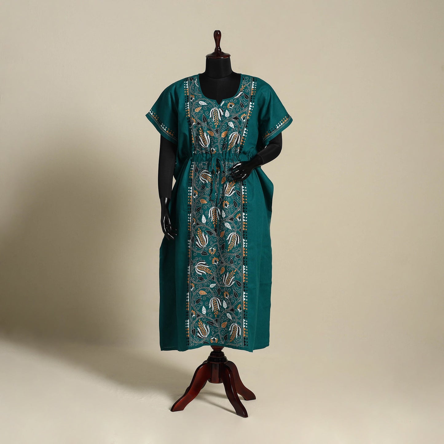 Green Bengal Kantha Hand Embroidery Cotton Kaftan (Long) 