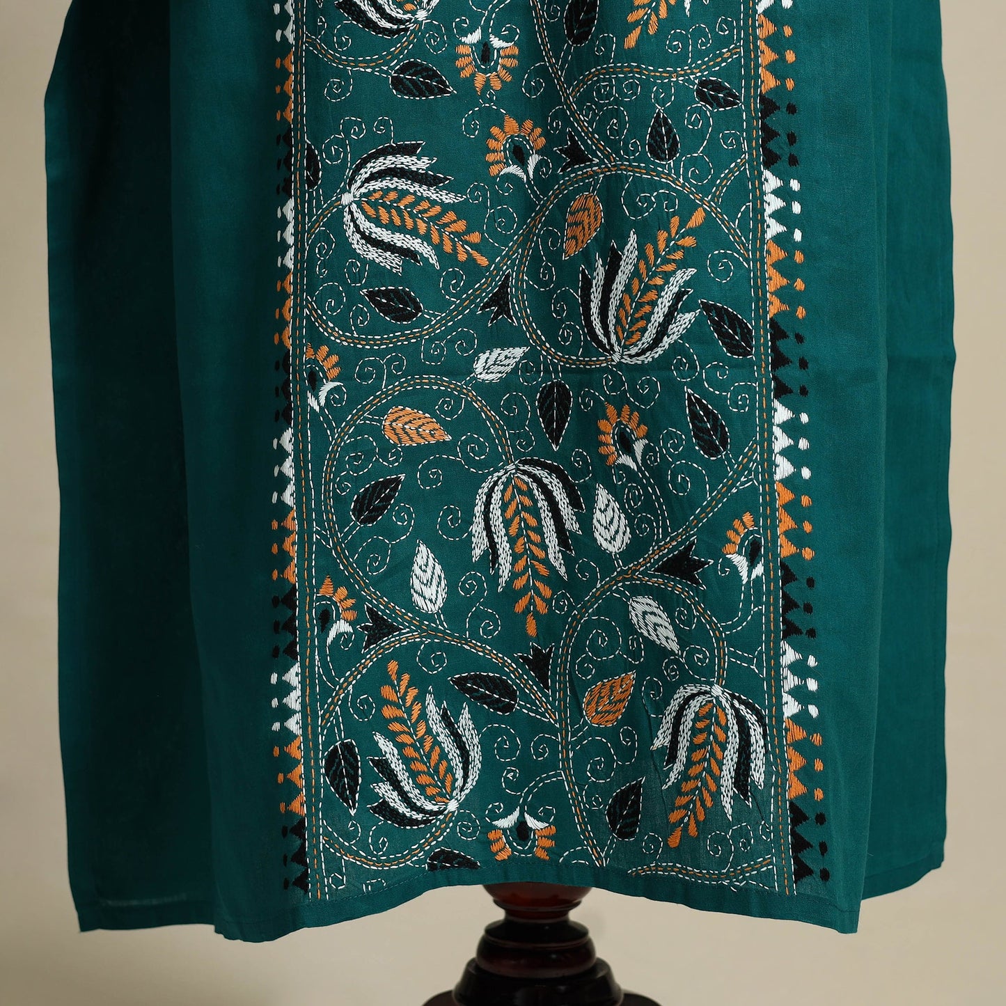 Green Bengal Kantha Hand Embroidery Cotton Kaftan (Long) 