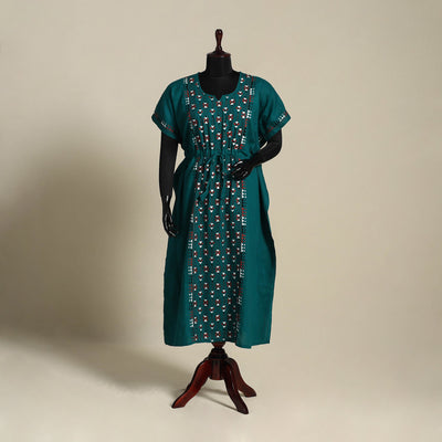 Green Bengal Kantha Hand Embroidery Cotton Kaftan (Long) 