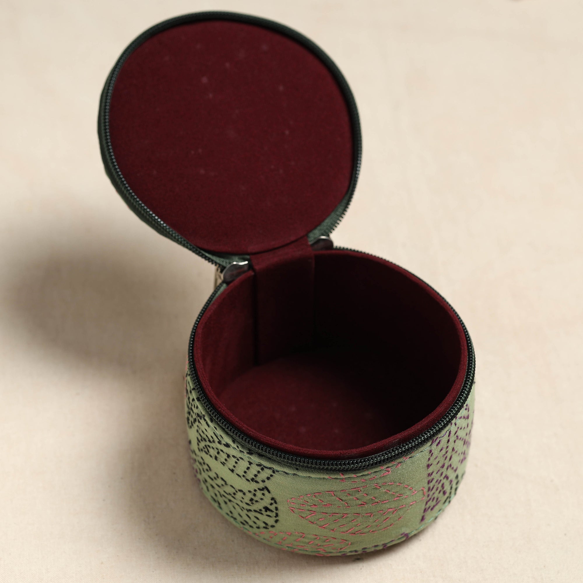  Bengal Kantha Work Handcrafted Round Green Utility Box