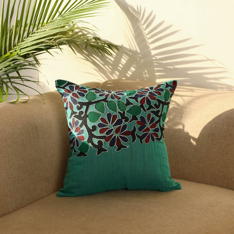  Green Bengal Kantha Work Reversible Silk Cushion Cover