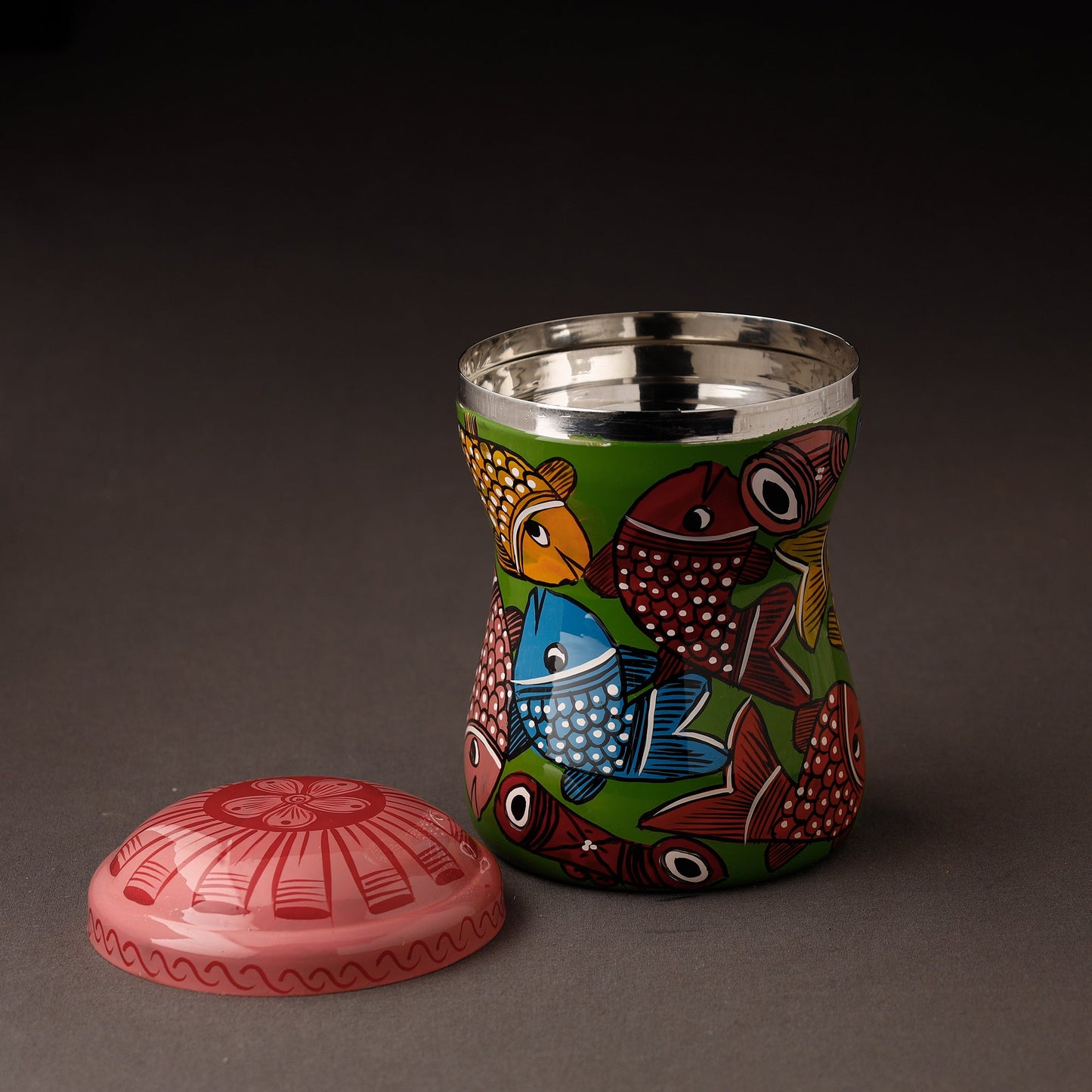 Multicolor Bengal Patua Handpainted Stainless Steel Multi Utility Canister