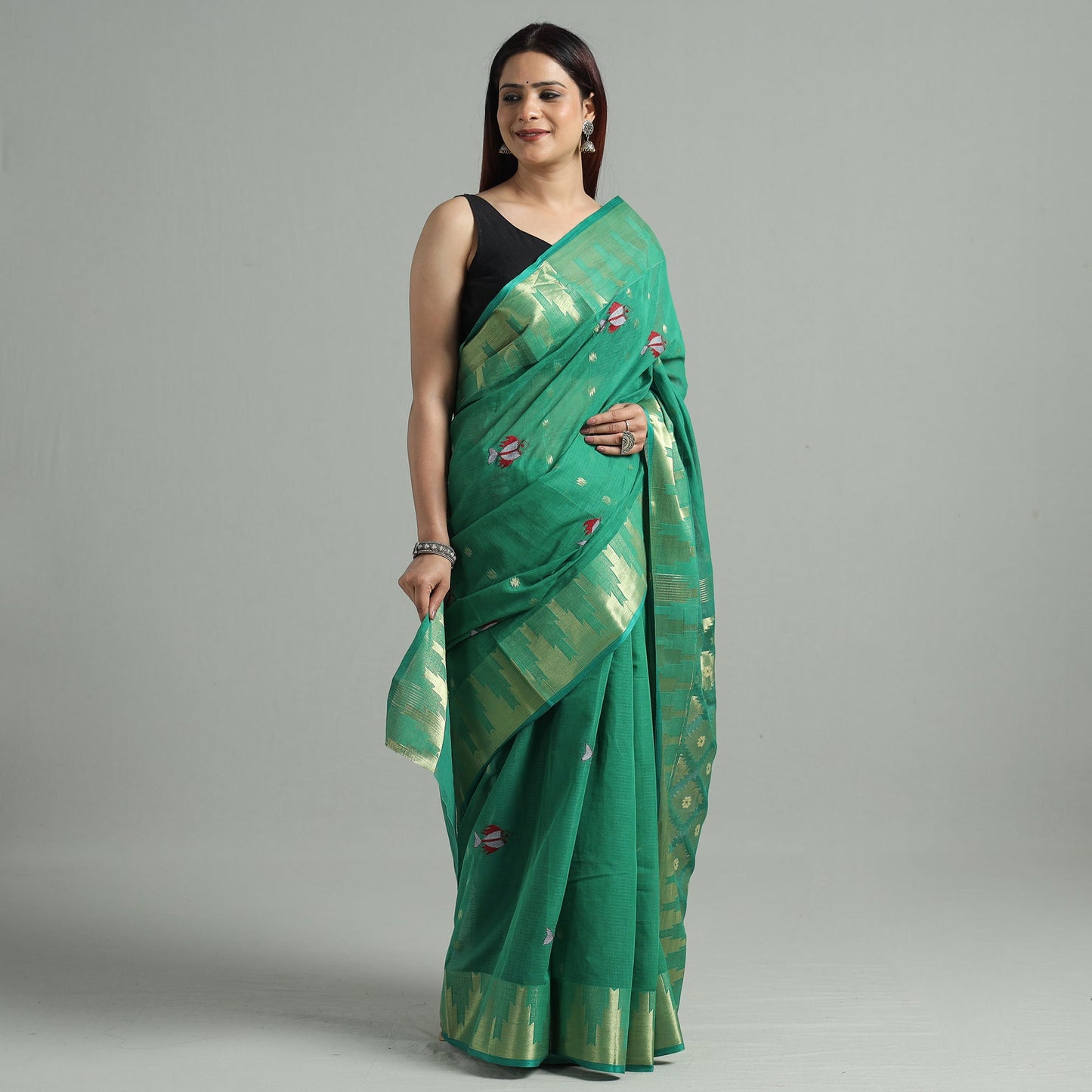 Green - bengal pure cotton zari tant handloom saree 64