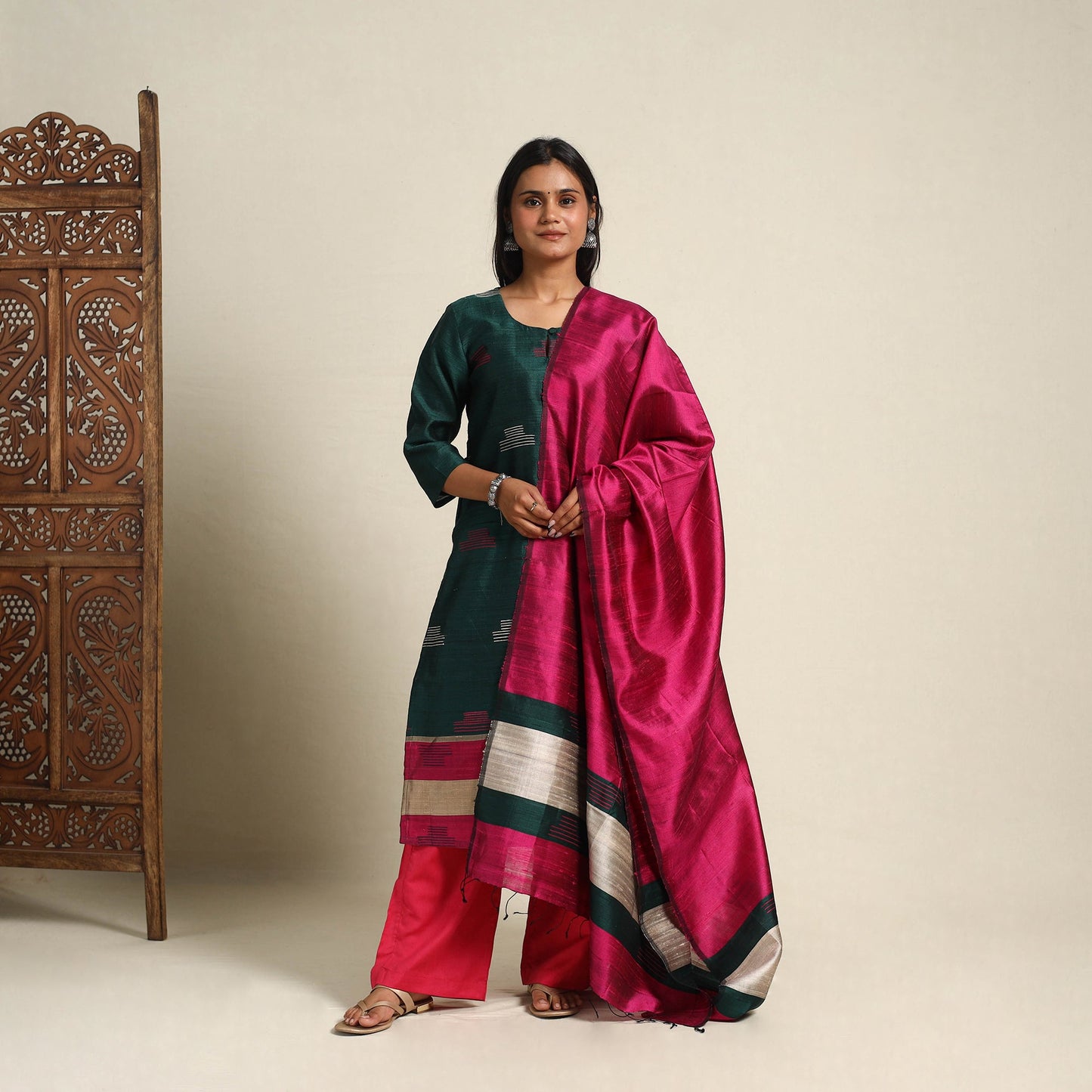 Green Bhagalpuri Handloom Tussar Silk Suit Set