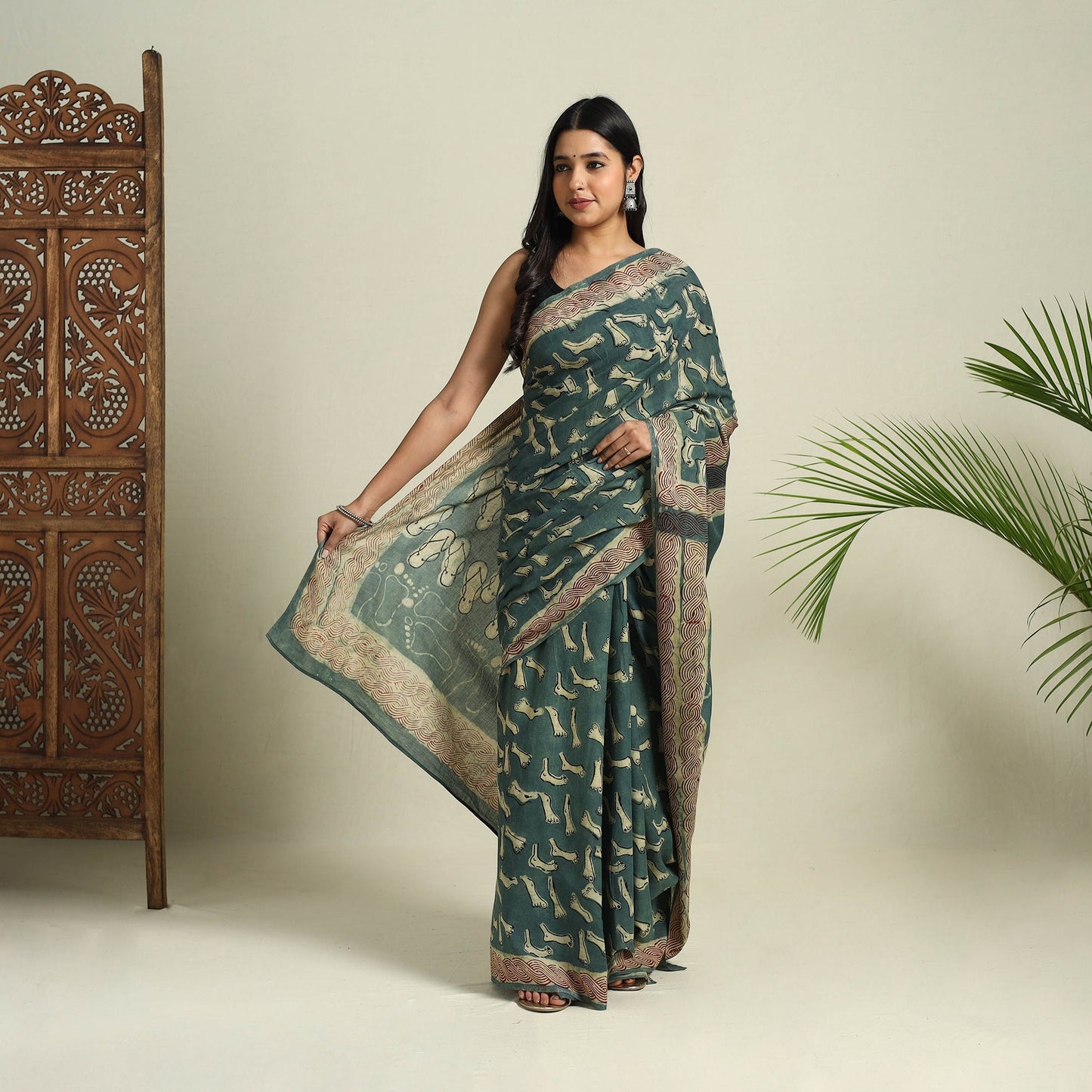 Buy Green Bindaas Art Natural Dyed Cotton Block Print Saree