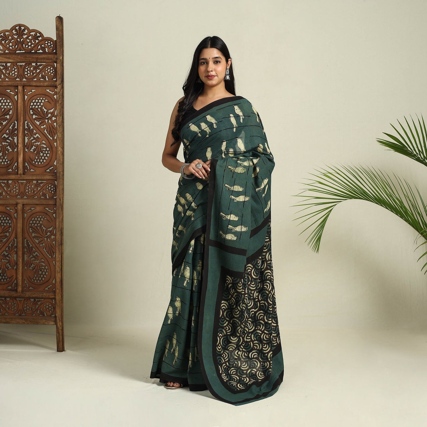 Buy Green Bindaas Art Natural Dyed Cotton Block Print Saree