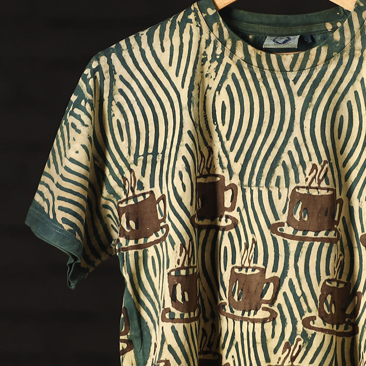 Green - Bindaas Natural Dyed Art Block Print Round Neck T-shirt in Pure Cotton