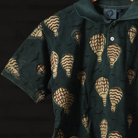 Green - Bindaas Natural Dyed Art Block Print Polo Collar T-shirt in Cotton