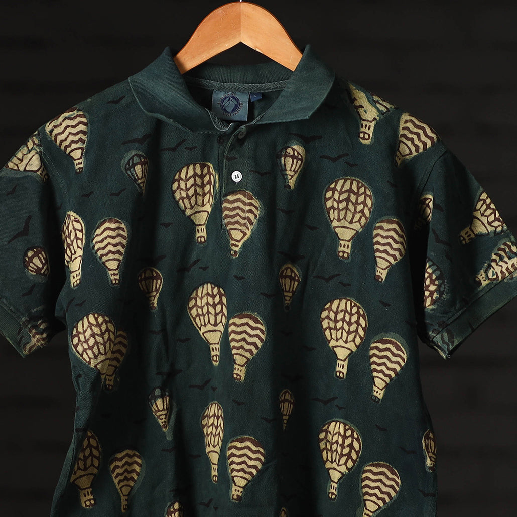 Green - Bindaas Natural Dyed Art Block Print Polo Collar T-shirt in Cotton