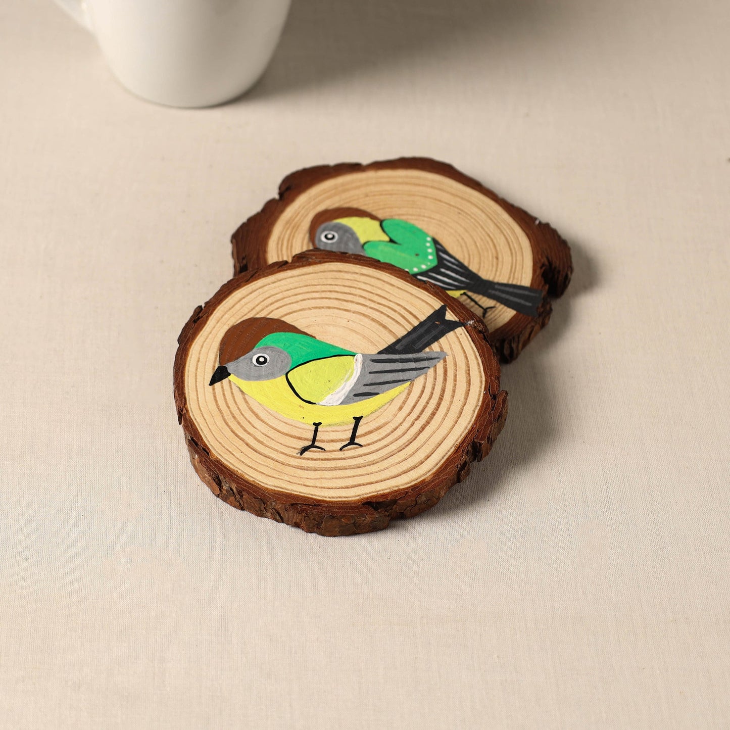 Birds - handpainted pine wood coaster (set of 2) 01