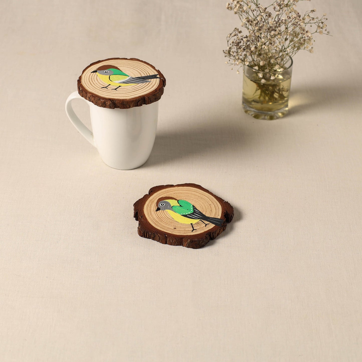 Birds - handpainted pine wood coaster (set of 2) 01