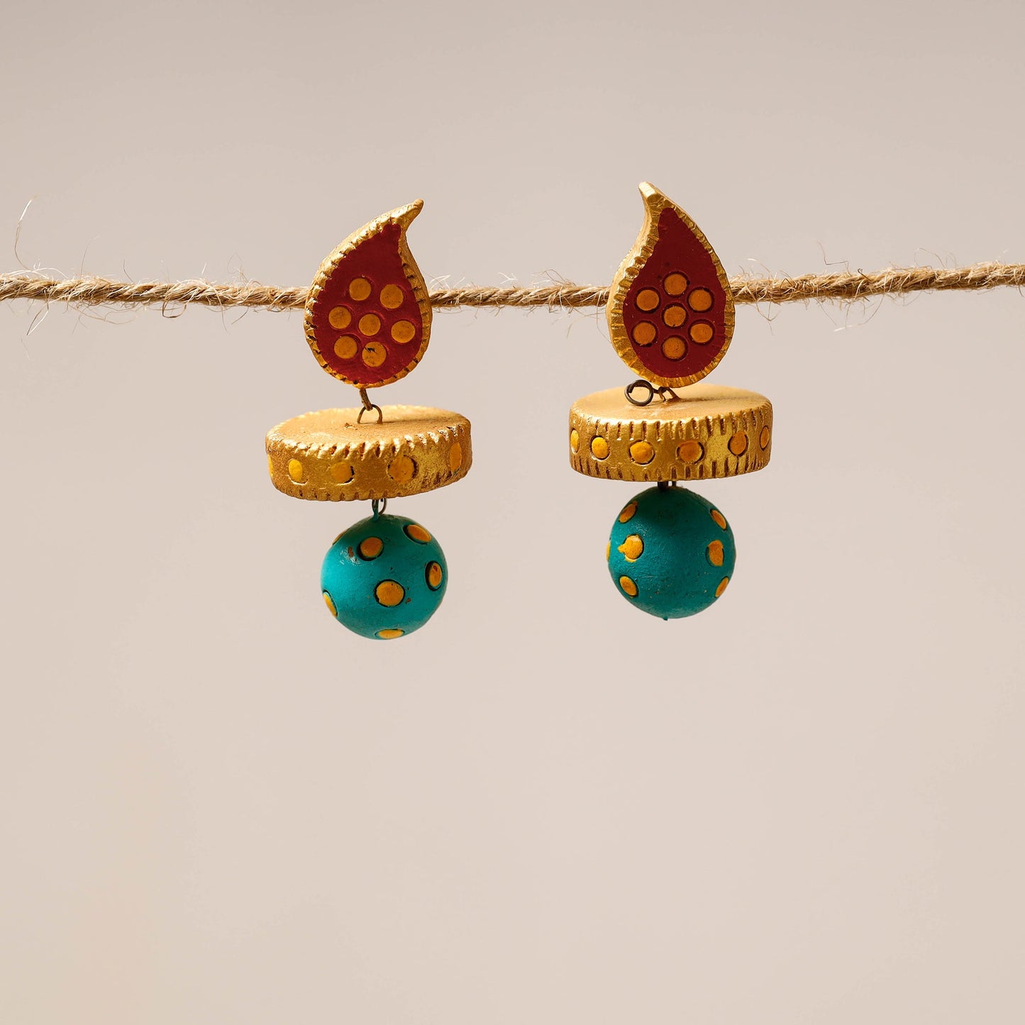 Green Bishnupur Handpainted Terracotta Earrings