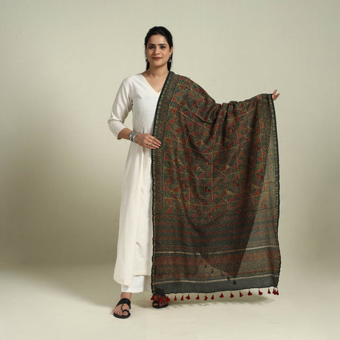 Buy Green Block Print Chanderi Silk Handloom Ajrakh Dupatta