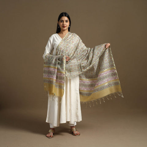 Green - Block Print Chanderi Silk Sanganeri Floral Dupatta 51