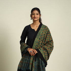 Buy Green Block Print Cotton Ajrakh Dupatta With Tassels