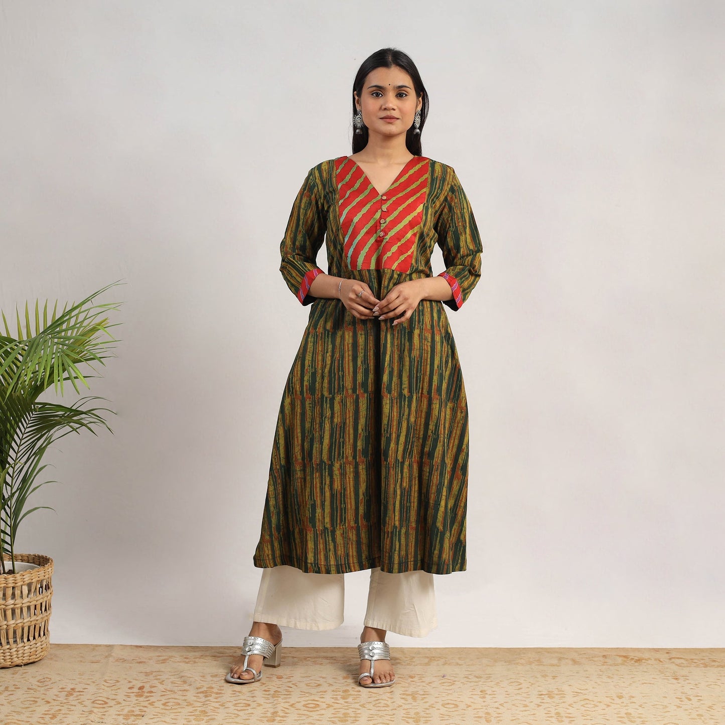 Buy Green Block Print Cotton A-Line Akola Kurta